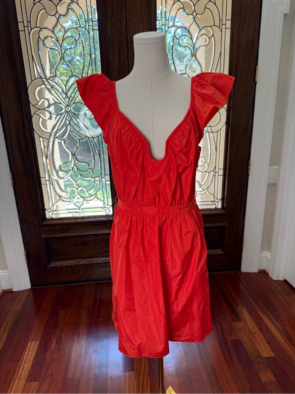 Tanya Taylor Bold Orange-red Stacy Dress with Ruffle Shoulders